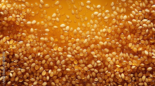 Sesame oil. Sesame seeds in oil background, banner. Sesame oil for cooking, seed extraction. Amino acids, vitamins A, E, D, B1, B2, B3, C; fatty acids Omega 6, Omega 9; calcium, iron, copper and zinc