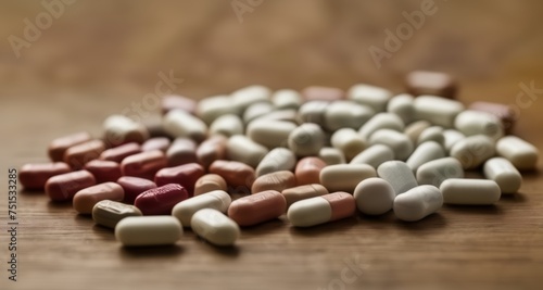  A colorful assortment of pills on a wooden surface