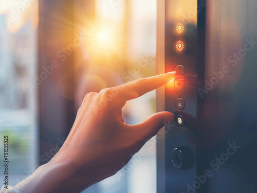 Closeup of woman finger entering password code on the smart digital touch screen keypad entry door lock in front of the room. Smart device concept. 