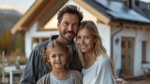 Happy young modern family, mother father and child standing in front of their modern white single-family house with photovoltaics on the roof. Generative AI.