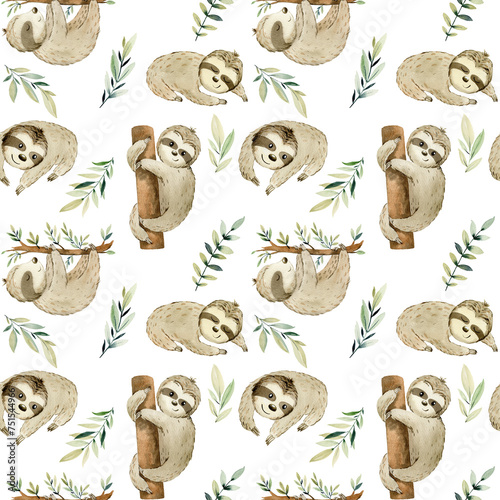 Watercolor seamless pattern with sloths. Exotic wallpaper for fabric, wrapping paper , etc