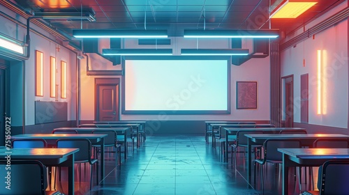A modern, futuristic classroom featuring an interactive whiteboard illuminated by dynamic lighting in a high-tech learning environment.