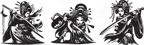 Battle-Ready Geisha: Embracing Strength and Tradition vector illustration silhouette for laser cutting cnc, engraving, decorative clipart, black shape outline