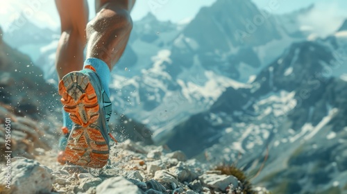 Trail runners on a rugged mountain, a close - up of a person's legs, detail of the shoe hitting the ground uphill in a challenging jungle trail, surrounded by beautiful mountains and scenery. 