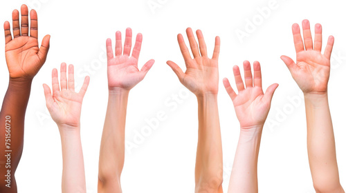 A group of people with different skin tones are raised up in the air Isolated on transparent background, PNG