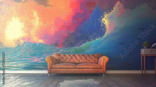 Pixelated waves of color creating a digital seascape on a den wall