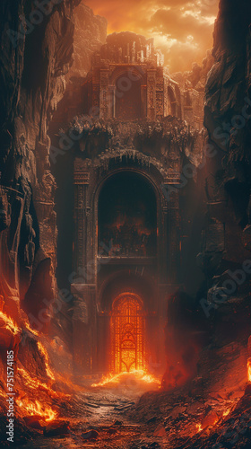 The fiery gates of Hell open beside the glorious halls of Valhalla, a striking contrast between eternal torment and warrior paradise(302)(2)-Enhanced-SR