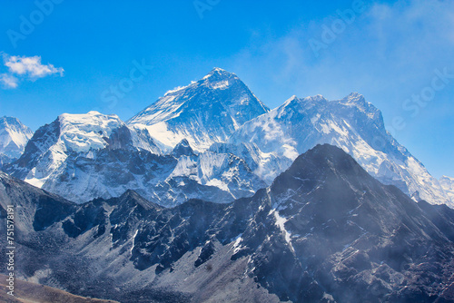 Everest west face and the western wall of Nuptse rise dramatically above the surrounding peaks providing a stunning Himalayan portrait from the top of Gokyo Ri in Nepal