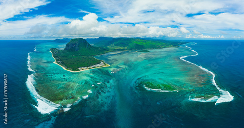 Aerial view: Le Morne Brabant mountain with beautiful lagoon and underwater waterfall illusion, Mauritius island