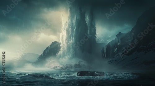 The raw power of nature depicted in a dramatic waterfall cascading down under a tempestuous and moody sky