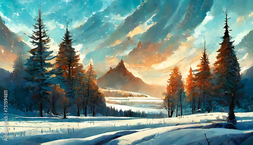 Detailed illustration of snowy landscape with mountains and arctic forest. Winter scenery.