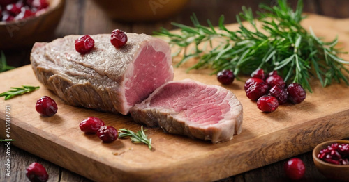 The image showcases succulent cuts of lamb meat, beautifully presented on a wooden cutting board. It’s garnished with fresh rosemary sprigs and juicy red berries, enhancing the visual appeal.