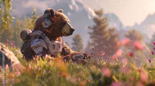 A serene meadow setting with a bear journalist wearing headphones accompanied by a nanobot capturing the tranquility of nature