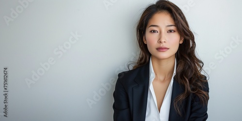 Immerse yourself in the photorealistic depiction of a captivating Asian businesswoman on a pristine white backdrop, ensuring clarity and sharpness for a refined business banner design