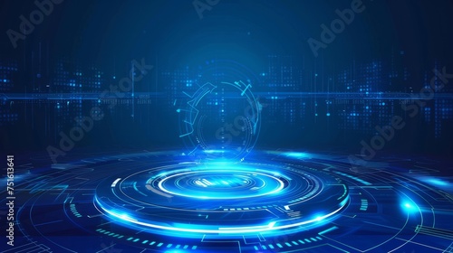 Futuristic blue light background with 3d circles and hud interface - blank hologram for product showcase - circle technology portal - vector illustration