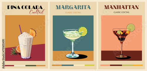 Cocktails retro poster set. Margarita, Pina Colada, Manhattan. Collection of popular alcohol drinks. Vintage flat vector illustrations for bar, pub, restaurant, kitchen wall art print.