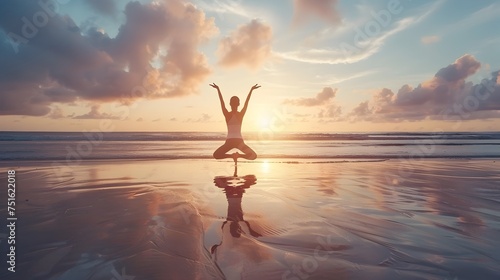 Woman Practicing Yoga on the Beach at Sunset in Whimsical Style