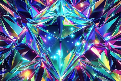 Dive into a mesmerizing Octane Render digital wallpaper featuring a luminous crystal with cosmic geometric patterns, adorned with a kaleidoscope of vibrant and prismatic iridescent hues