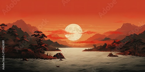sun or moon horizon drawing, japanese style.