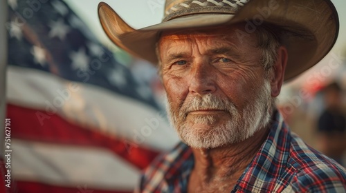 Old Man in Cowboy Hat and American Flag