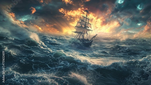 A large, multi-masted sailing ship navigates through tumultuous ocean waters during what appears to be a heavy storm at sunset or sunrise. The sky is a dramatic display of clouds in shades of orange, 