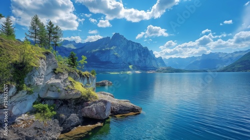 Rocky cliffs overlooking a tranquil lake, with the grandeur of a mountain range beneath a pristine blue sky.