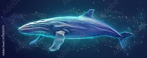Blue whale composed of polygon. Marine animal digital concept. Low poly vector illustration of a starry sky or Comos. The whale consists of lines, dots and shapes