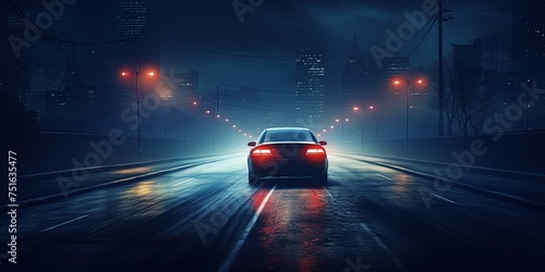 Escape car. Midnight road or alley with a car driving away in the distance. Wet hazy asphalt road or alley. crime, midnight activity concept