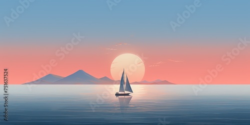 Minimalistic scene of a single sailboat in vast calm waters, under a dusky sky with a serene horizon