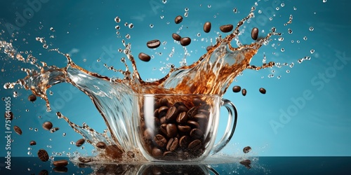 Splash of coffee and beans on blue background
