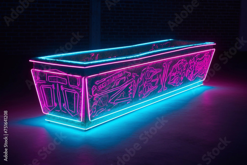 A coffin with a neon effect. Burial ceremony. Funerals Ritual services.