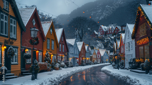 Panorama of historical buildings of Bergen at Christmas time. View of old wooden Hanseatic houses in Bergen.