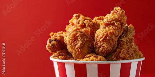 Fried Chicken wings and legs. Bucket full of crispy kentucky fried chicken on red background