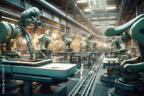 Robot assembly line in a futuristic factory. Futuristic Efficient smart Automation robot revolution production replace human AI-power, Ai generated