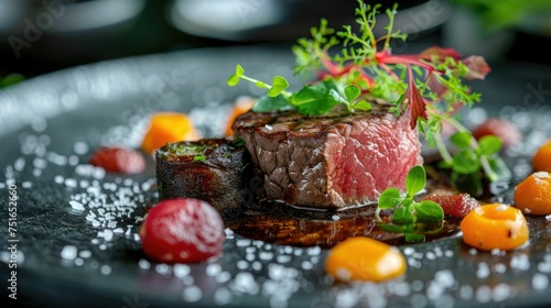 Exquisite gourmet steak adorned with herbs on an artistic plate with condiments