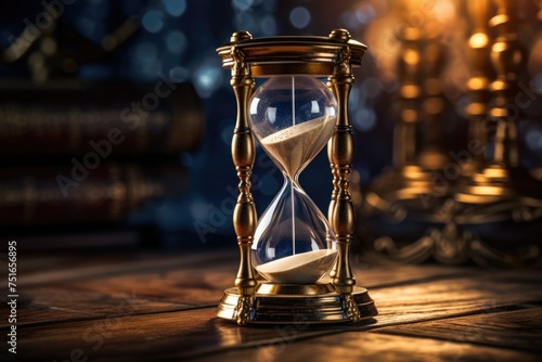 Close-up of a golden hourglass on a table, hourglass endless loop, time, sand, clock, glass, timer, Ai generated