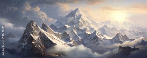 Nature's ethereal canvas, a mountain summit veiled in clouds, offering a panoramic view of the wild and untamed landscape adorned with a blanket of snow