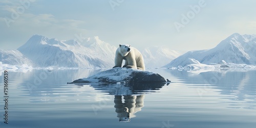 Serene scene of a polar bear standing on a small iceberg with a perfect reflection in calm waters