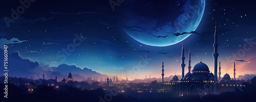 Ancient mosque at night. Ramadan. Travel Taj Mahal abstract background illustration