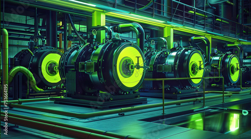 a series of dry vacuum pumps lined up in aclean energy facility, futuristic design elements, neon green and black