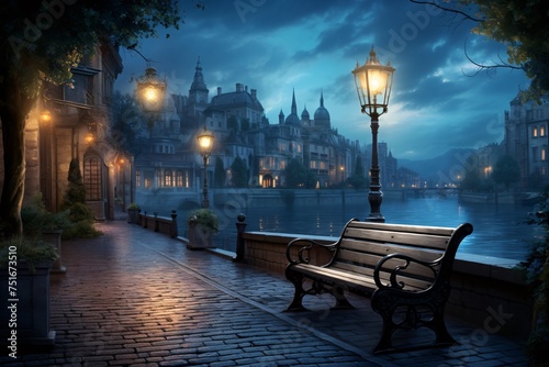a bench on a brick path by a river with a street lamp and buildings