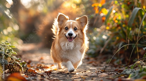 Corgi running through wooded path, carnivore with whiskers in natural landscape