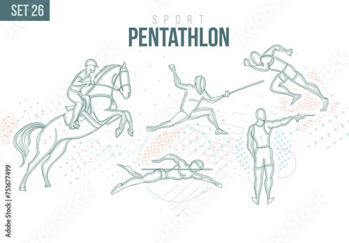 sport Modern pentathlon Tournament Summer Games, Fencing, running, shooting, riding, swimming, sports games sport hand-drawn doodles. vector illustration set game background 