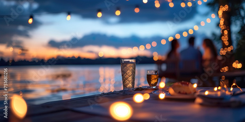 Blurred Romantic dinner with lights on the lake