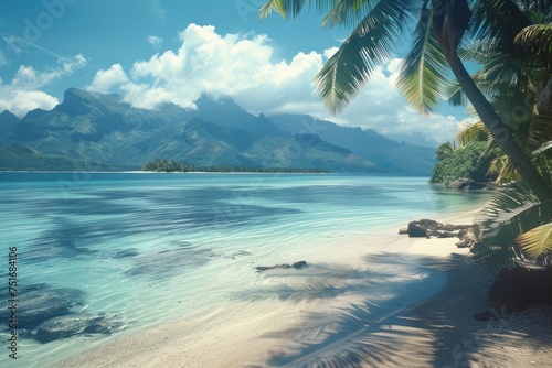 Idyllic tropical beach with palm trees and clear blue water in French Polynesia. Bora Bora. Summer vacation and travel concept for travel posters, brochure, and holiday promotion copy space for text