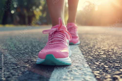 Physical activity. Close-up of pink sneakers on the sidewalk at sunrise. Morning jogging and a healthy lifestyle. Design for sports ads, fitness blogs and motivational posters.