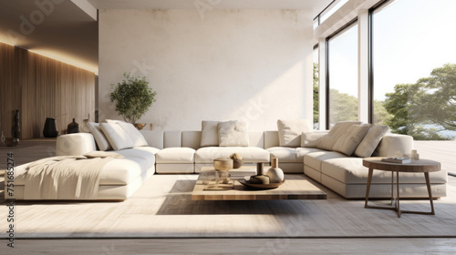 A stylish living room with a neutral palette and minimalist decor, featuring a white couch and grey rug