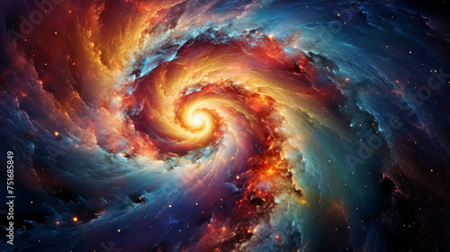 A striking digital portrayal of a galaxy, featuring a vibrant core with swirling arms in red and blue, representing the dynamics of space