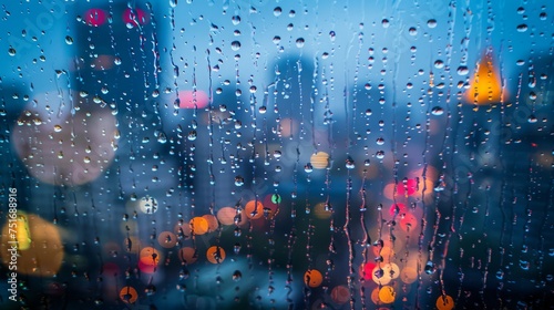Raindrops on window with blurred city lights. Serene rainy evening in the city. Tranquil cityscape through a rain-spattered window.