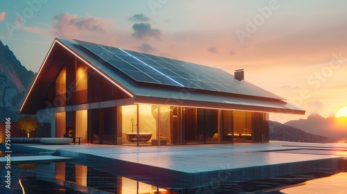 3d render of modern house with solar panels on the roof at sunset